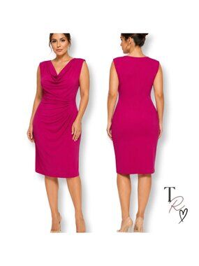 Lauren Ralph Lauren Hot Pink Draped Cowl Neck Cocktail Midi Dress 12 Petite